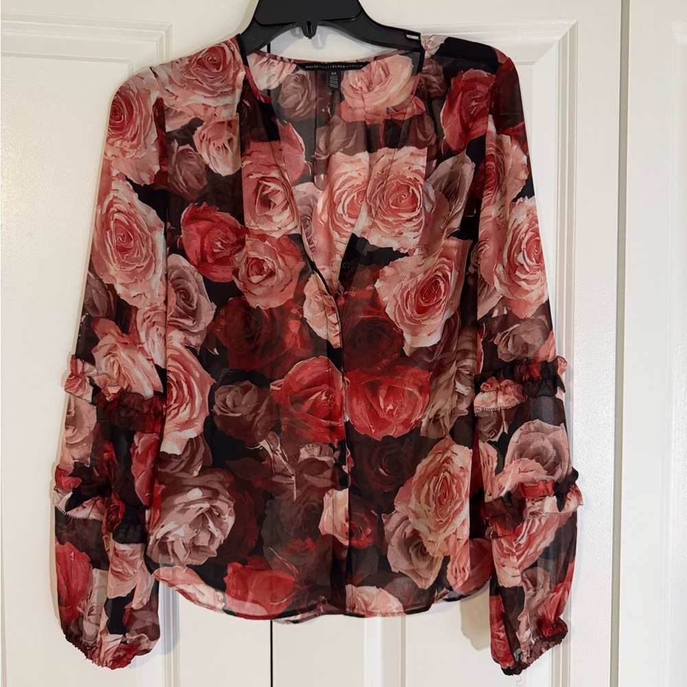 White House Black Market Black and Orange Ruffled Blouse